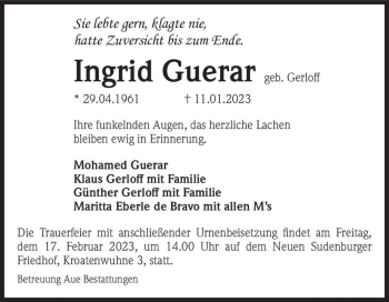 Traueranzeige von Ingrid Guerar (geb. gerloff)  von Magdeburger Volksstimme