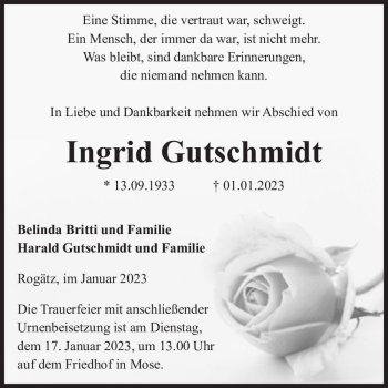 Traueranzeige von Ingrid Gutschmidt  von Magdeburger Volksstimme