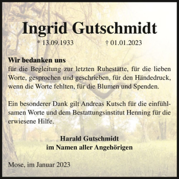 Traueranzeige von Ingrid Gutschmidt  von Magdeburger Volksstimme