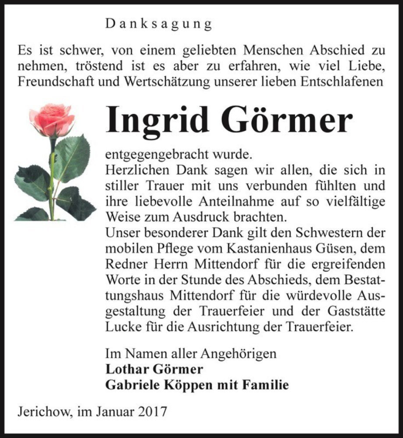  Traueranzeige für Ingrid Görmer  vom 07.02.2017 aus Magdeburger Volksstimme