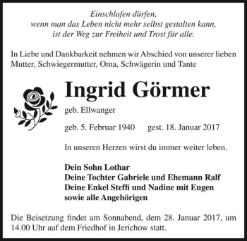 Traueranzeige von Ingrid Görmer (geb. Ellwanger)  von Magdeburger Volksstimme