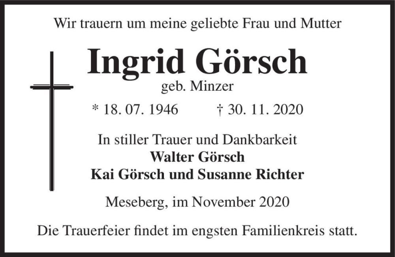 Traueranzeige für Ingrid Görsch (geb. Minzer)  vom 05.12.2020 aus Magdeburger Volksstimme