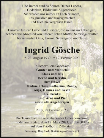 Traueranzeige von Ingrid Gösche  von Magdeburger Volksstimme