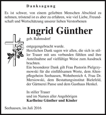 Traueranzeige von Ingrid Günther (geb. Rahmsdorf)  von Magdeburger Volksstimme