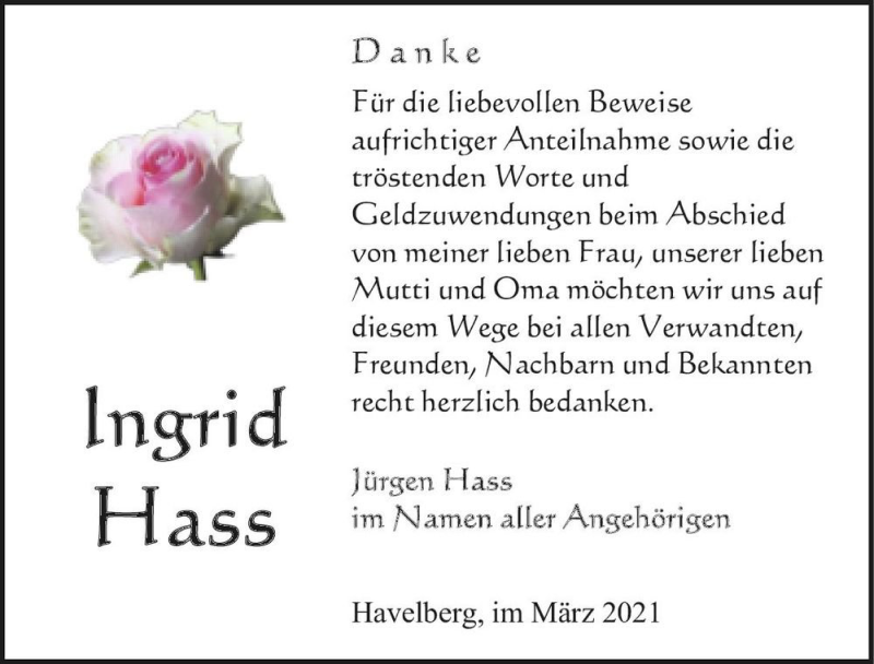  Traueranzeige für Ingrid Haas  vom 07.04.2021 aus Magdeburger Volksstimme