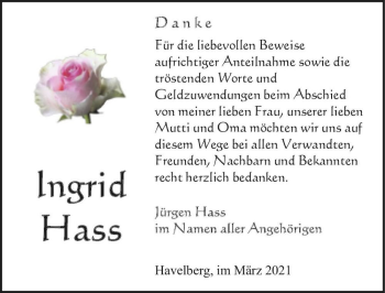 Traueranzeige von Ingrid Haas  von Magdeburger Volksstimme