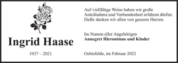 Traueranzeige von Ingrid Haase  von Magdeburger Volksstimme