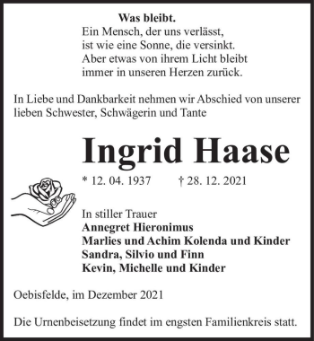 Traueranzeige von Ingrid Haase  von Magdeburger Volksstimme