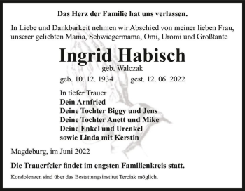 Traueranzeige von Ingrid Habisch (geb. Walczak)  von Magdeburger Volksstimme
