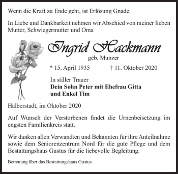 Traueranzeige von Ingrid Hackmann (geb. Munzer)  von Magdeburger Volksstimme