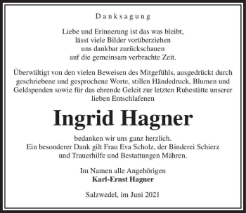Traueranzeige von Ingrid Hagner  von Magdeburger Volksstimme
