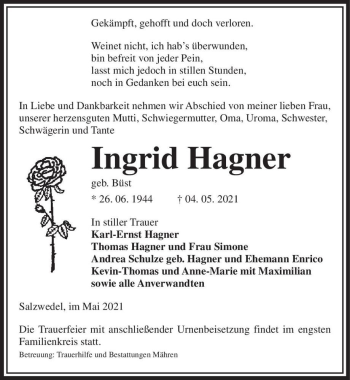 Traueranzeige von Ingrid Hagner (geb. Büst)  von Magdeburger Volksstimme