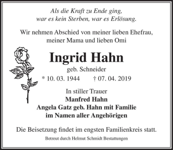 Traueranzeige von Ingrid Hahn (geb. Schneider)  von Magdeburger Volksstimme
