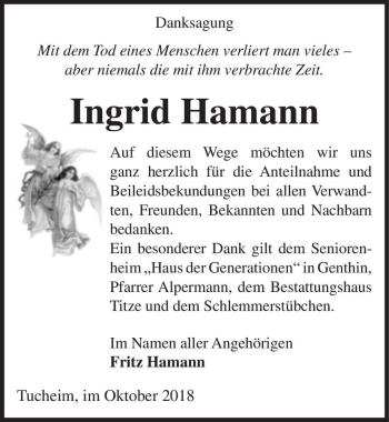 Traueranzeige von Ingrid Hamann  von Magdeburger Volksstimme