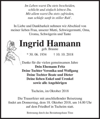 Traueranzeige von Ingrid Hamann (geb. Braune)  von Magdeburger Volksstimme