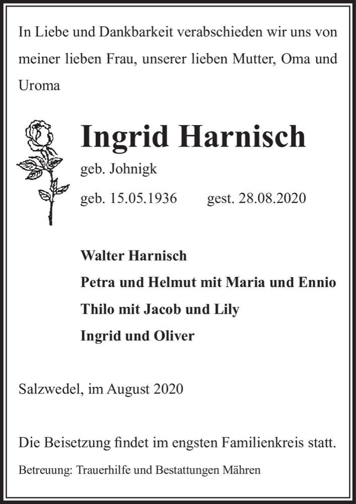 Traueranzeige für Ingrid Harnisch (geb. Johnigk)  vom 01.09.2020 aus Magdeburger Volksstimme