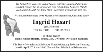 Traueranzeige von Ingrid Hasart (geb. Heinrich)  von Magdeburger Volksstimme