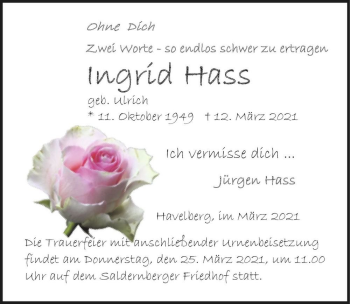 Traueranzeige von Ingrid Hass (geb. Ulrich)  von Magdeburger Volksstimme