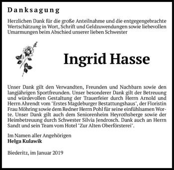 Traueranzeige von Ingrid Hasse  von Magdeburger Volksstimme