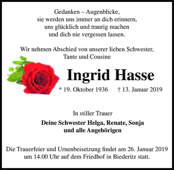 Traueranzeige von Ingrid Hasse  von Magdeburger Volksstimme