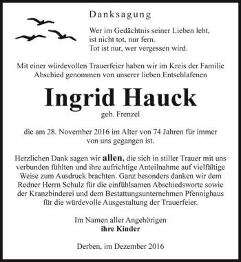 Traueranzeige von Ingrid Hauck (geb. Frenzel)  von Magdeburger Volksstimme