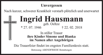 Traueranzeige von Ingrid Hausmann (geb. Oeltze)  von Magdeburger Volksstimme