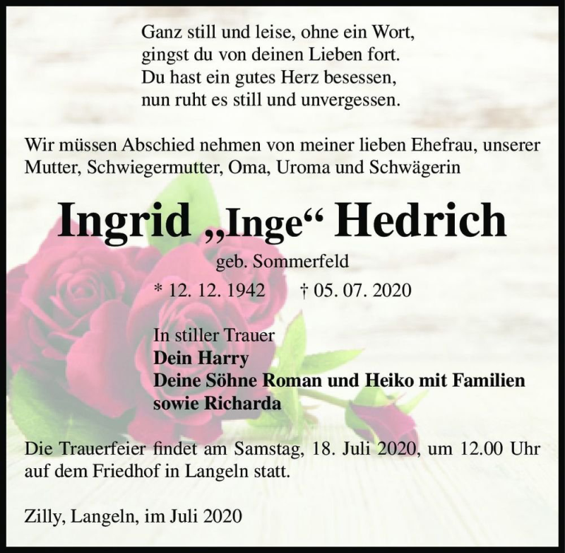  Traueranzeige für Ingrid Hedrich (geb. Sommerfeld)  vom 11.07.2020 aus Magdeburger Volksstimme