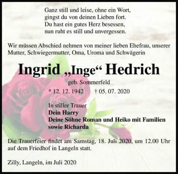 Traueranzeige von Ingrid Hedrich (geb. Sommerfeld)  von Magdeburger Volksstimme
