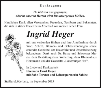 Traueranzeige von Ingrid Heger  von Magdeburger Volksstimme