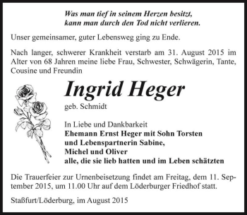 Traueranzeige von Ingrid Heger (geb. Schmidt)  von Magdeburger Volksstimme