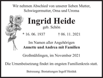 Traueranzeige von Ingrid Heide (geb. Schön)  von Magdeburger Volksstimme