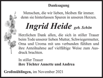 Traueranzeige von Ingrid Heide (geb. Schön)  von Magdeburger Volksstimme
