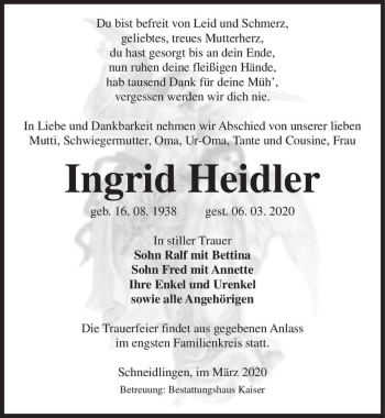 Traueranzeige von Ingrid Heidler  von Magdeburger Volksstimme