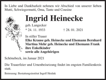 Traueranzeige von Ingrid Heinecke (geb. Langecker)  von Magdeburger Volksstimme