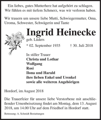 Traueranzeige von Ingrid Heinecke (geb. Lüders)  von Magdeburger Volksstimme