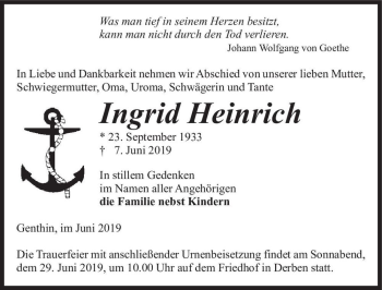 Traueranzeige von Ingrid Heinrich  von Magdeburger Volksstimme