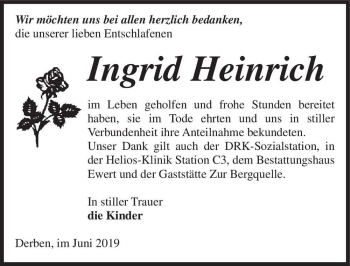 Traueranzeige von Ingrid Heinrich  von Magdeburger Volksstimme