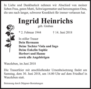 Traueranzeige von Ingrid Heinrichs (geb. Grabau)  von Magdeburger Volksstimme