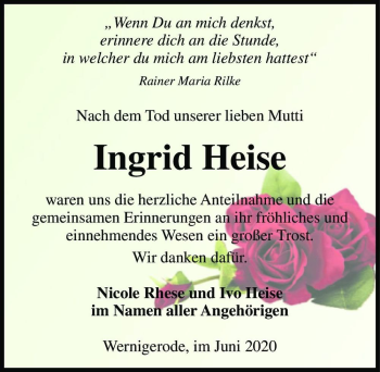 Traueranzeige von Ingrid Heise  von Magdeburger Volksstimme
