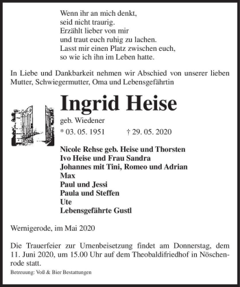 Traueranzeige von Ingrid Heise (geb. Wiedener)  von Magdeburger Volksstimme