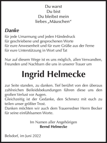 Traueranzeige von Ingrid Helmecke  von Magdeburger Volksstimme