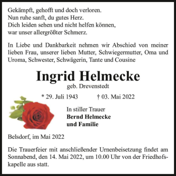 Traueranzeige von Ingrid Helmecke (geb. Drevenstedt)  von Magdeburger Volksstimme