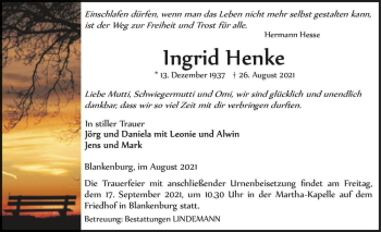 Traueranzeige von Ingrid Henke  von Magdeburger Volksstimme