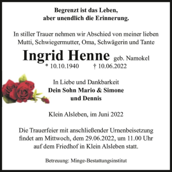 Traueranzeige von Ingrid Henne (geb. Namokel)  von Magdeburger Volksstimme