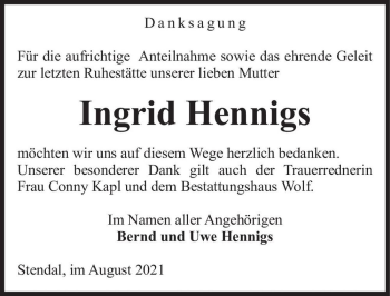 Traueranzeige von Ingrid Hennigs  von Magdeburger Volksstimme