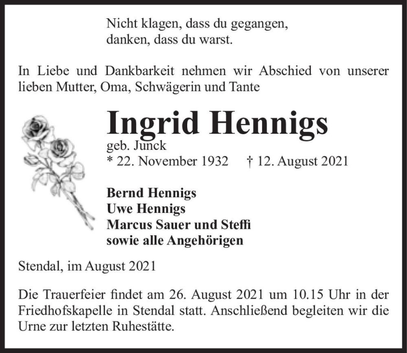  Traueranzeige für Ingrid Hennigs (geb. Junck)  vom 14.08.2021 aus Magdeburger Volksstimme