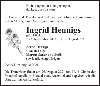 Traueranzeige von Ingrid Hennigs (geb. Junck)  von Magdeburger Volksstimme