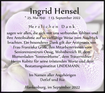Traueranzeige von Ingrid Hensel  von Magdeburger Volksstimme