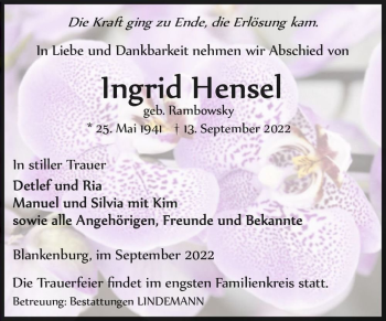 Traueranzeige von Ingrid Hensel (geb. Rambowsky)  von Magdeburger Volksstimme