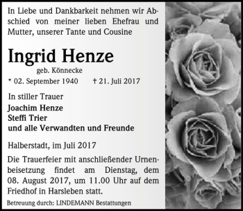 Traueranzeige von Ingrid Henze (geb. Könnecke)  von Magdeburger Volksstimme